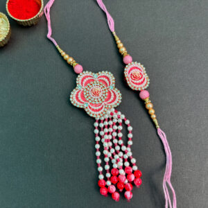 Pink Rose Design Bhaiya-Bhabhi Rakhi & Lumba Set