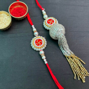 Swastik Rakhi Set with Roli-Chawal – Handcrafted Rakhi for Bhaiya & Bhabhi